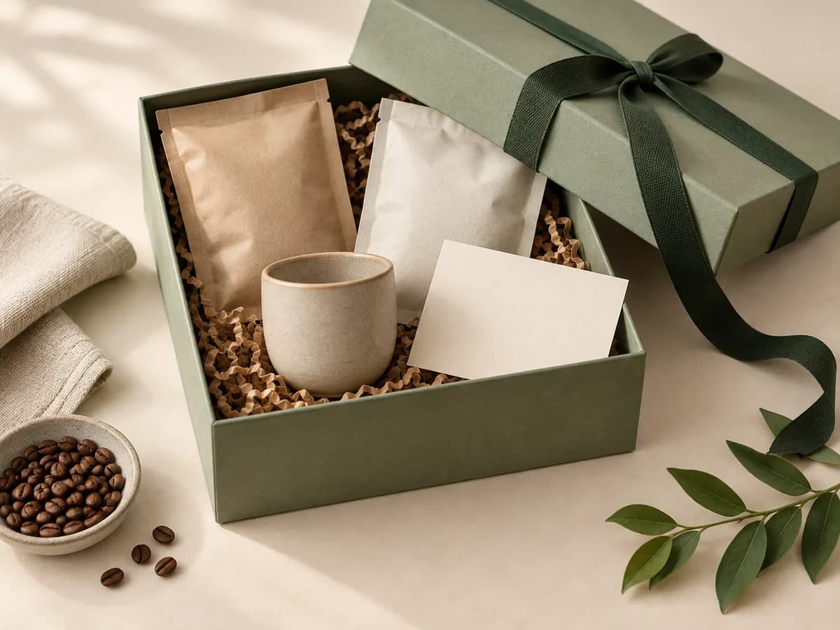 Illustrative coffee gift with a sage box, ceramic cup, and personal note